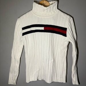Y2K Tommy Hilfiger White Turtleneck 100% Cotton Sweater with Logo size Medium